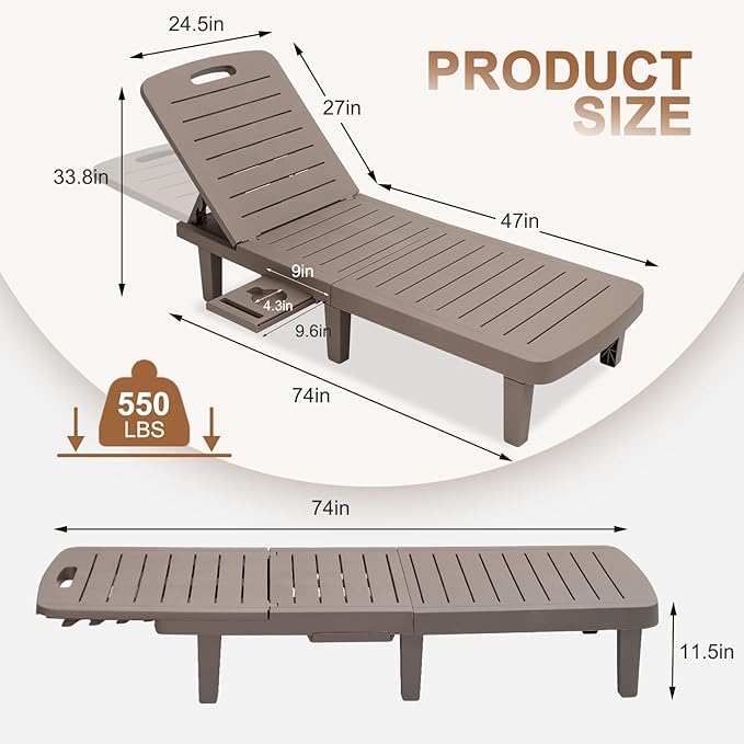 Outdoor Chaise Lounge Set of 2, Waterproof Resin Lounge Chairs for Outside w/Adjustable 5 Positions All Weather Recliner Chair for Patio, Poolside, Beach, Taupe