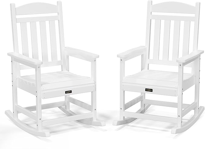 VINGLI Outdoor Rocking Chair Set of 2, HDPE Rocking Chair with Higher Backrest, All Weather Rocker for Garden, Yard, Balcony, White