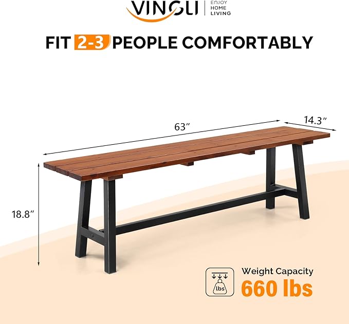 VINGLI Outdoor Wooden Bench, 45” 2-Person Backless Dining Bench, Weatherproof Outdoor Patio Bench for Porch Entryway Garden (1, Brown ＆ Black)