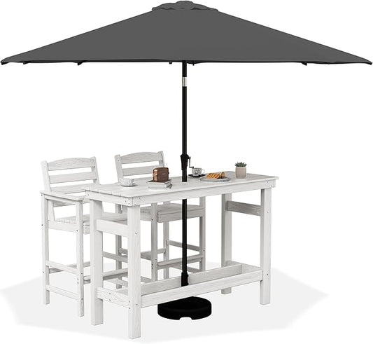 SERWALL Outdoor Bar Set with 9ft Umbrella, All-Weather HDPE Patio Bar Chairs and Table, Outdoor Furniture Set, White (Umbreall Base not Included)