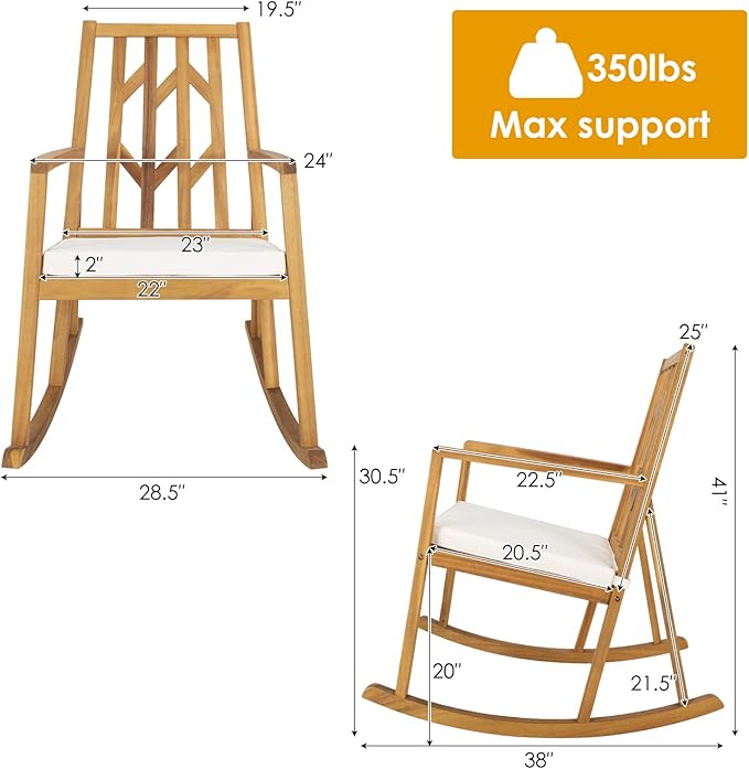 RELAX4LIFE Wooden Rocking Chair Outdoor - Oversized Patio Rocker w/High Backrest, Long Armrest, Removable Soft Cushion, Porch Rocking Chair for Backyard, Garden, Patio Rocking Chair (1, White)