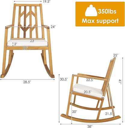 Tangkula Acacia Wood Patio Rocking Chair, Outdoor Porch Rocker W/Removable High-Density Cushion, All-Weather Resistance, Perfect for Garden, Backyard, Poolside (1, White)