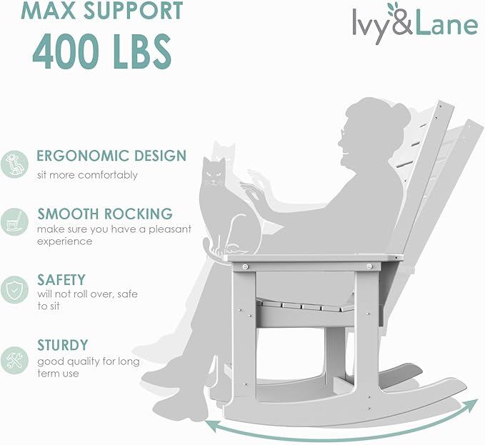 IVY&LANE Rocking-Chair-Outdoor | Porch-Rocker | White | HDPE Plastic | All-Weather | High Back | Wide Seat | Oversized Patio Rocker for Adult | for Outside Deck Balcony Garden
