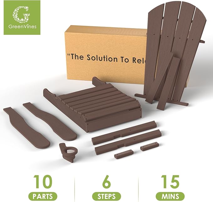 GREENVINES Folding-Adirondack-Chair-Set-of-2 | Wood Grain | HDPE Plastic | Fire Pit Chairs | All Weather | Cup Holder | Dark Brown | for Deck Backyard Patio Outdoor
