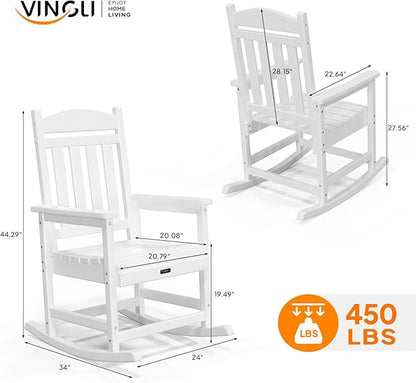 VINGLI Outdoor Rocking Chair Set of 2, HDPE Rocking Chair with Higher Backrest, All Weather Rocker for Garden, Yard, Balcony, White