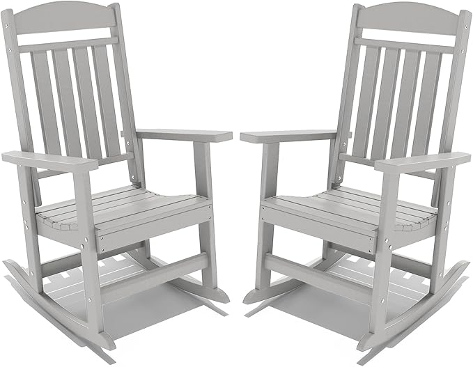 FOOWIN Outdoor Rocking Chair Set of 2, High Back Patio Rocking Chair, HDPE All Weather Resistant Porch Rocker for Adult, Oversized Rocking Chairs for Garden, Lawn, Indoor & Outdoor Use, White Grey