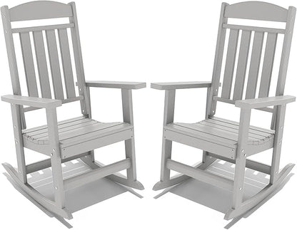 FOOWIN Outdoor Rocking Chair Set of 2, High Back Patio Rocking Chair, HDPE All Weather Resistant Porch Rocker for Adult, Oversized Rocking Chairs for Garden, Lawn, Indoor & Outdoor Use, White Grey