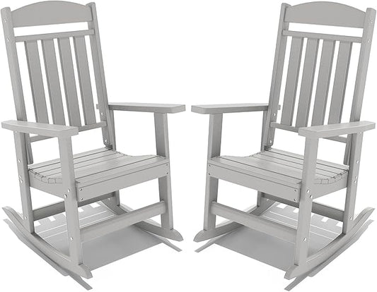 FOOWIN Outdoor Rocking Chair Set of 2, High Back Patio Rocking Chair, HDPE All Weather Resistant Porch Rocker for Adult, Oversized Rocking Chairs for Garden, Lawn, Indoor & Outdoor Use, White Grey