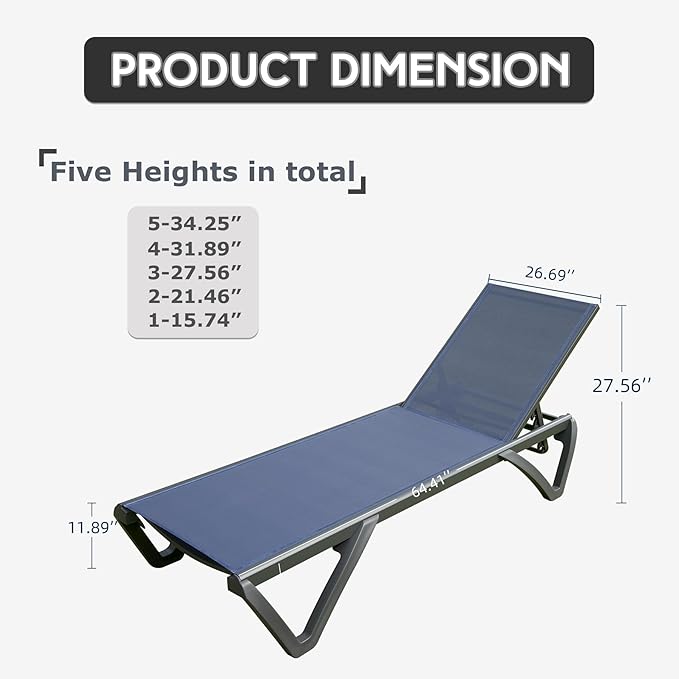 Domi Outdoor Lounge Chair Set of 2, Aluminum Patio Chaise Lounge with 5 Position Adjustable Backrest and Wheels - Photo 2
