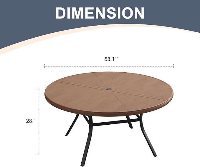 VICLLAX Round Patio Dining Table, 6-8 Person Aluminum Outdoor Dining Table with Umbrella Hole and Surdy Frame for Garden Lawn Deck, 53" Walnut