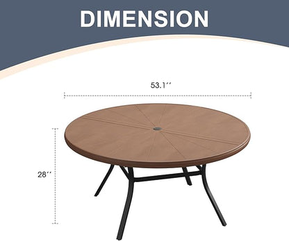 VICLLAX Round Patio Dining Table, 6-8 Person Aluminum Outdoor Dining Table with Umbrella Hole and Surdy Frame for Garden Lawn Deck, 53" Walnut