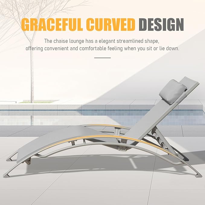 Domi Outdoor Chaise Lounge Set of 2, Aluminum Lounge Chairs with 5 Adjustable Positions, All Weather Patio Lounge Chair for Pool, Garden, Beach, Backyard (Grey)