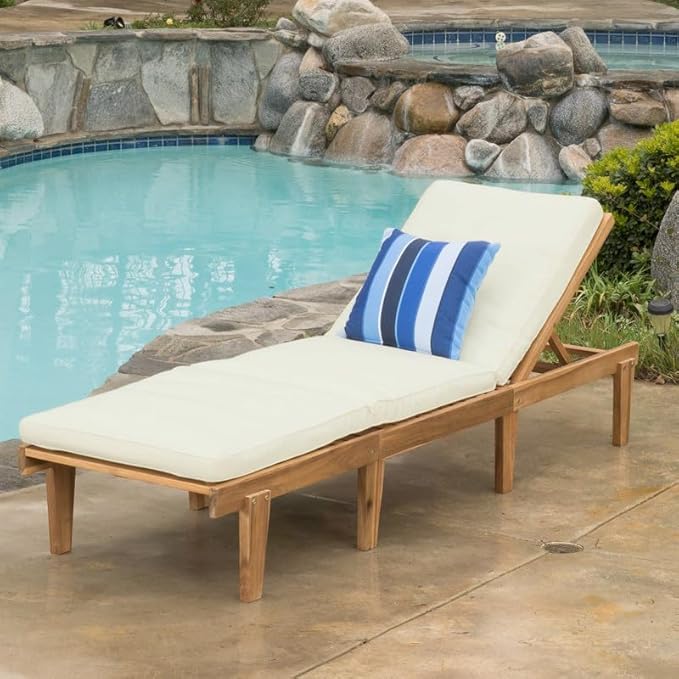 Acacia Wood Outdoor Chaise Lounge Chair with Cushion, Adjustable Recline Patio Lounger for Pool - Photo 1
