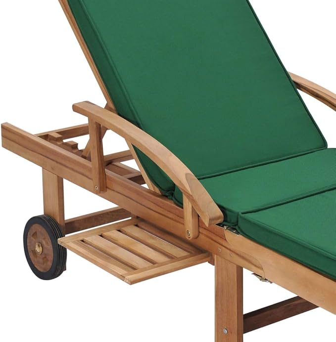 Sun Lounger Set of 2, Outdoor Patio Chaise Lounge Chairs with Adjustable Backrest and Wheels, Solid Teak Wood Poolside Garden Furniture, Green Polyester Cushions for Relaxation