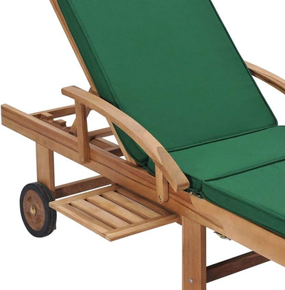 Sun Lounger Set of 2, Outdoor Patio Chaise Lounge Chairs with Adjustable Backrest and Wheels, Solid Teak Wood Poolside Garden Furniture, Green Polyester Cushions for Relaxation