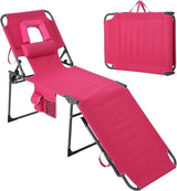 Tanning Chair with Face Hole Folding Beach Lounge Chair, 5-Position Adjustable Backrest, Pillow & Side Pocket - Photo 1