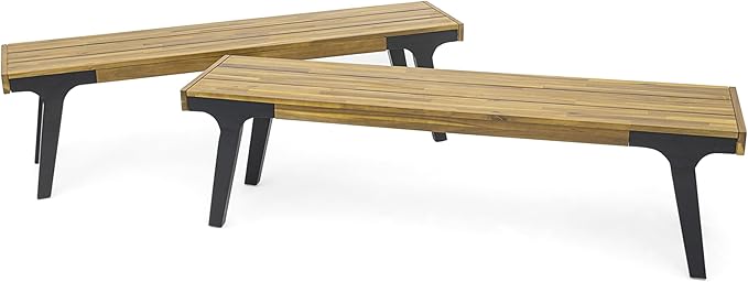 Christopher Knight Home Harpe Outdoor Patio Acacia Wood Dining Bench, Porch Bench for Dining Set, Backyard, Garden, Lawn, Porch,Teak Finish+Black