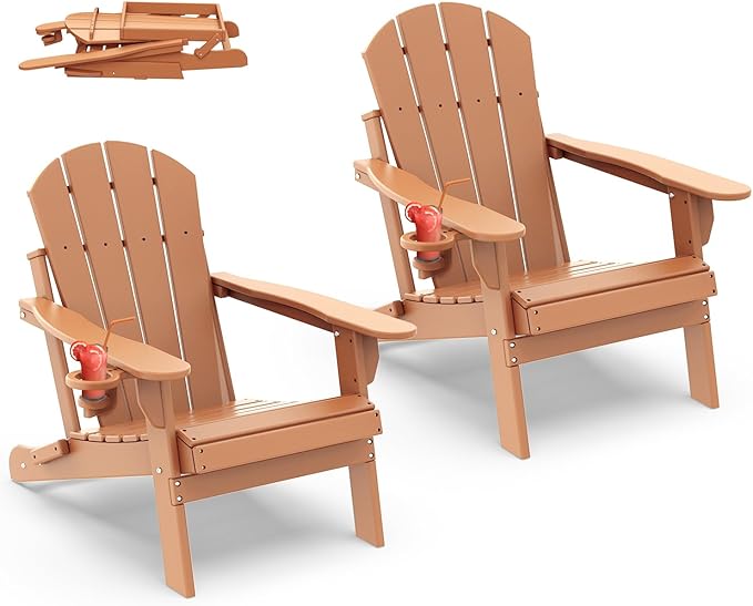 IVY&LANE Folding-Adirondack-Chairs-Set-of-2 | HDPE Plastic | Outdoor Fire Pit Chair with Cup Holder | Teak | Poly | Weather Resistant | for Patio Deck Poolside Garden Beach