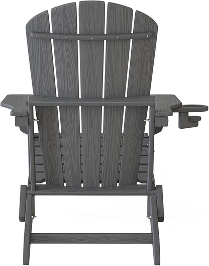 Plawdlik Folding Adirondack Chair Set of 6 with Cup Holder，Wooden Textured ，Heavy All-Weather HDPE Comfortable Set Poolside Backyard Lawn, Gray
