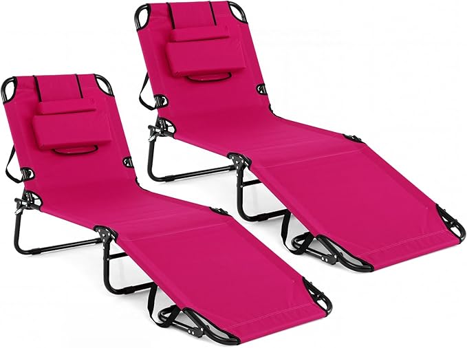 Tangkula Beach Lounge Chair, Folding Sunbathing Recliner with Face Hole, Face Down Tanning Chair with 4-Level Adjustable Backrest & 3 Removable Pillows, Chaise Lounge Chair for Patio (2, Pink)