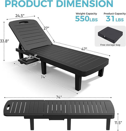 Outdoor Chaise Lounge, 5-Position Adjustable Sun Lounge w/Pull-Out Tray, Waterproof PP Lounge Chairs for Outside, Lounge Chairs for Poolside, Patio, Beach, Yard in All Weather,1 PC,Black