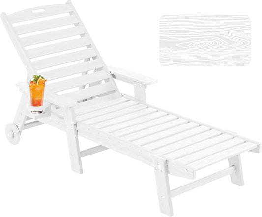 Chaise Lounge Chair Outdoor with Wheels, Oversize Patio Lounge Chairs with Wood Texture, 6-Position Plastic Lounge Chairs for Poolside, Patio, Deck, Beach