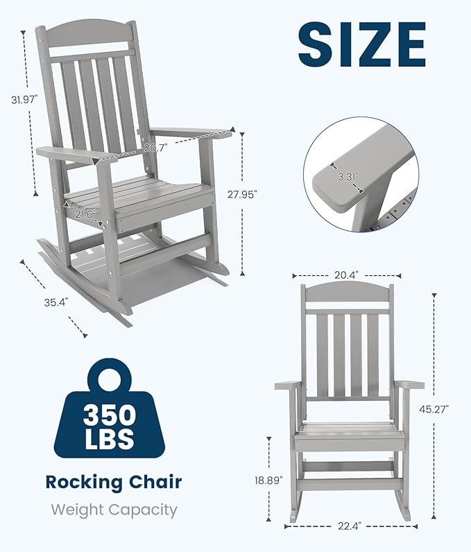 FOOWIN Outdoor Rocking Chair Set of 2, High Back Patio Rocking Chair, HDPE All Weather Resistant Porch Rocker for Adult, Oversized Rocking Chairs for Garden, Lawn, Indoor & Outdoor Use, White Grey