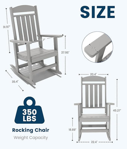 FOOWIN Outdoor Rocking Chair Set of 2, High Back Patio Rocking Chair, HDPE All Weather Resistant Porch Rocker for Adult, Oversized Rocking Chairs for Garden, Lawn, Indoor & Outdoor Use, White Grey