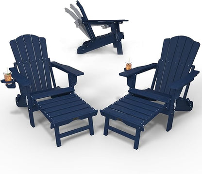 Adjustable Adirondack Chairs with Retractable Ottoman Set of 2, HDEP Folding Adirondack Chair with Footrest & Cup Holder, All Weather Fire Pit Chair for Outdoor,Navy Blue