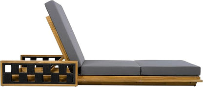 Merax Patio Chaise Lounge with 4-Position Adjustable Backrest, Acacia Wood Outdoor Sunbathing Recliner Chair & 4" Thick Triple-fold Cushion for Poolside, Garden, Backyard, Patio, Dark Gray
