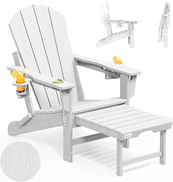 Mdeam 3-Level Adjustable Adirondack Chair with Retractable Ottoman, HDPE All-Weather Folding Fire Pit Chair with 2 Cup Holders, Outdoor Chair for Deck Patio Garden Backyard Lawn (White)