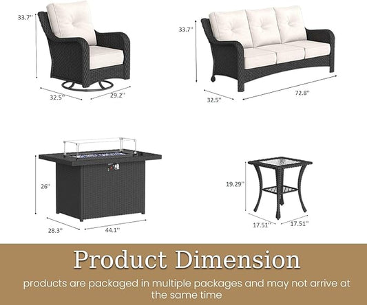 5 Piece Patio Furniture Set with Fire Pit Table, All-Weather Wicker Outdoor Conversation Set with Swivel Rocking Chair and 6 Inch Thick Cushions