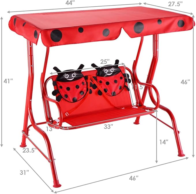 Costzon Kids Porch Swing, All-Weather Patio Swing Bench Hammock w/Adjustable Canopy & Safety Belts for 2 Children - Photo 7