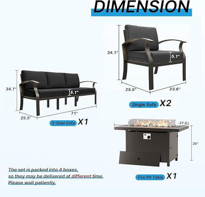 Gotland Aluminum Patio Furniture Set with Fire Pit Table, Metal Patio Furniture with 5 Seats Waterproof 5.1'' Seat Cushions, Oversized Outdoor Sectional for Garden Balcony Porch Black