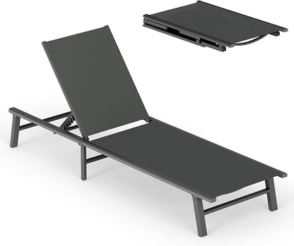 Ciokea Foldable Outdoor Lounge Chair, No Assembly Patio Chaise Lounge Outdoor with 5-Positions, Aluminum Pool Lounge Chair with Portable Design for Pool, Beach, Deck, Backyard, Grey