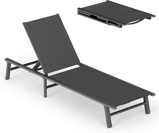 Ciokea Foldable Outdoor Lounge Chair, No Assembly Patio Chaise Lounge Outdoor with 5-Positions, Aluminum Pool Lounge Chair with Portable Design for Pool, Beach, Deck, Backyard, Grey