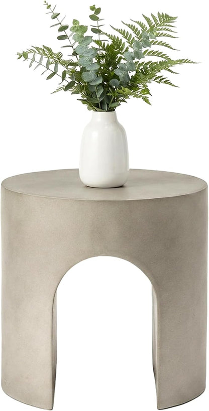 HOMPUS Outdoor Side Table w Hollow Arch, Concrete End Table, Round Patio MgO Coffee Lightweight, Modern Accent Vintage Garden Planter Stand for Indoor Outdoor Use, Grey
