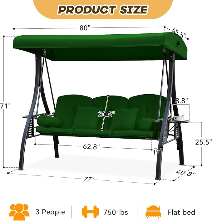 3 in 1 Outdoor Porch Swing with Adjustable Canopy, 3 Seat Outdoor Swing for Adults - Photo 8