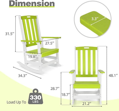 Aoodor Outdoor Rocking Chair, Ergonomic HDPE Rockers with All-Weather Design for Patio or Porch, Clashing Colors, Lemon Green and White,Set of 4