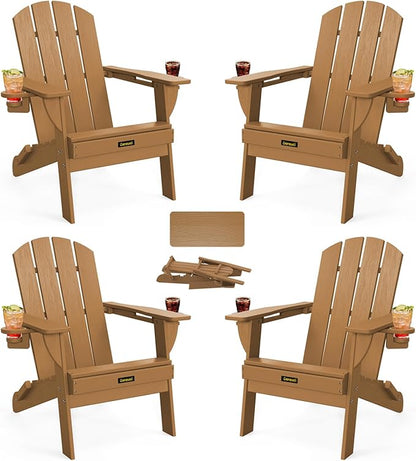 Folding Adirondack Chair Set of 4, Wooden Textured Plastic Adirondack Chairs with 2 Cup Holder, Weather Resistant HDPE Fire Pit Chair, Outdoor Patio Chairs for Garden, Backyard, Lawn, Deck, Teak