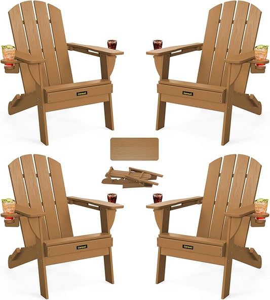 Folding Adirondack Chair Set of 4, Wooden Textured Plastic Adirondack Chairs with 2 Cup Holder, Weather Resistant HDPE Fire Pit Chair, Outdoor Patio Chairs for Garden, Backyard, Lawn, Deck, Teak
