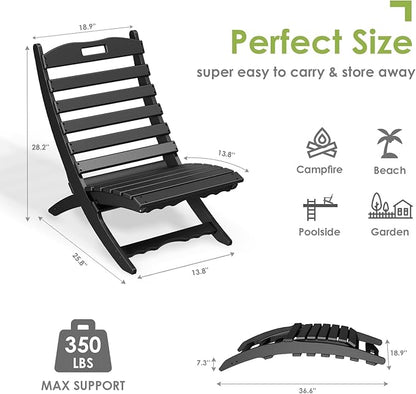 GREENVINES Folding Wave Chairs Set of 4 | Xavier | Portable Adirondack Chair | HDPE Plastic | All Weather | Black | for Fire Pit Beach Poolside Outdoor Deck Garden Patio Porch Fishing