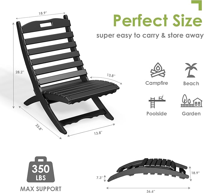 GREENVINES Folding-Xavier-Chairs Set of 2 | Wave | Portable Adirondack-Chair | HDPE Plastic | All Weather Fire-Pit Chair | Black | for Beach Outdoor Deck Poolside Garden Patio Porch Fishing