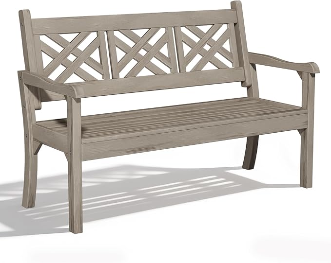 Psilvam 54''W All-Weather Poly Lumber Outdoor Bench, 3-Person Garden Bench with Decorative Backrest & Curved Armrests, Anti-Rot & Fade-Free Patio Bench for Porch, Backyard, and Park(Grey)