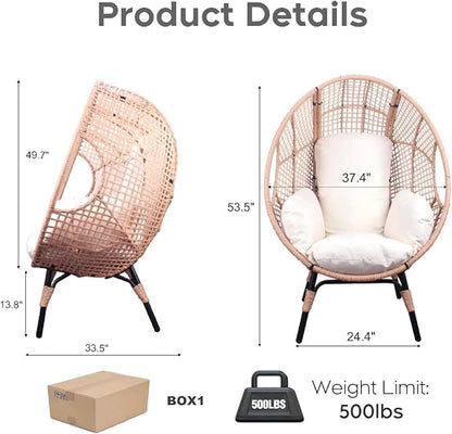 Patio Egg Chair, Oversized Outdoor Wicker Egg Chair with 8" Thick Cushion, PE Rattan Lounge Chair with Steel Frame for Balcony, Backyard, Garden, Sunroom, Beige
