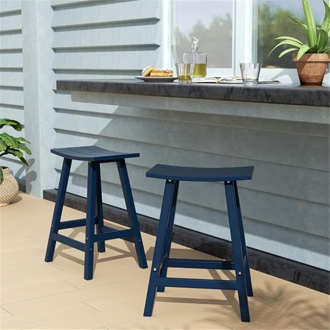 Costaelm All-Weather Bar Stools Set of 2, 24" Height Outdoor Bar Stools, Adirondack Poly Patio Bar Stool for Patio, Deck, Kitchen Counter and Garden, Navy Blue