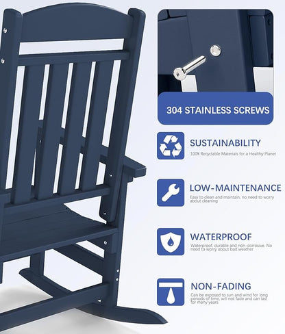 FOOWIN Outdoor Rocking Chair Set of 6, High Back Patio Rocking Chair, HDPE All Weather Resistant Porch Rocker for Adult, Oversized Rocking Chairs for Garden, Lawn, Indoor & Outdoor Use, Navy Blue
