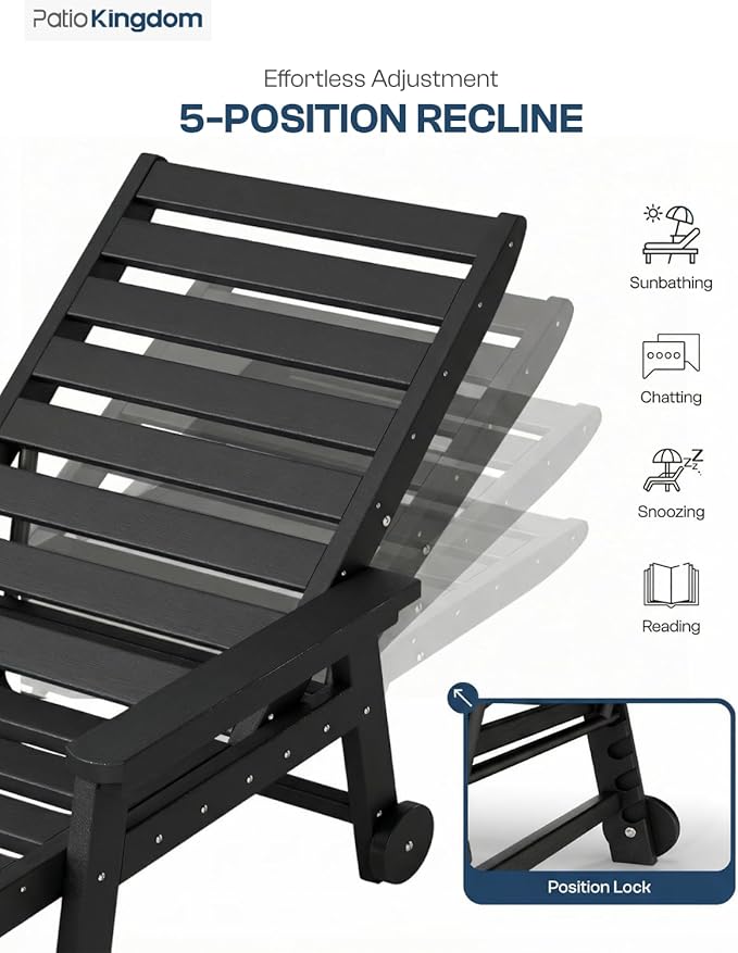 5-Position Adjustable Lounge Chair Outdoor, HDPE Outdoor Chaise Lounge with Cup Holder & Wheels - Photo 2