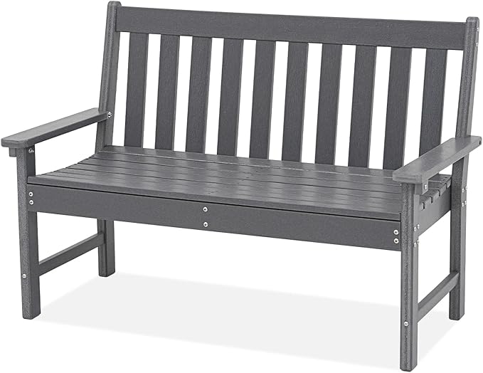 COBANA Outdoor Garden Bench, All Weather HDPE Patio Porch Bench with Faux Wood Grain Pattern, 2-Person Seat for Lawn, Park, Backyard, Entryway, Dark Gray
