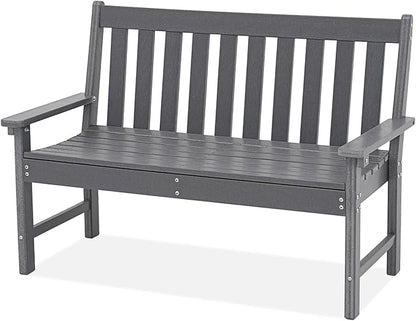 COBANA Outdoor Garden Bench, All Weather HDPE Patio Porch Bench with Faux Wood Grain Pattern, 2-Person Seat for Lawn, Park, Backyard, Entryway, Dark Gray